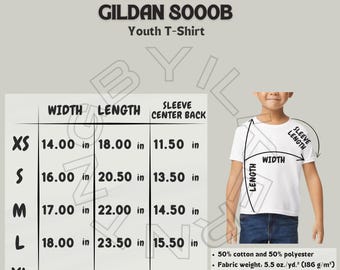 Gildan 8000B Size Chart Size Chart for Youth Sports Tee 8000B Mockup  and size chart Gildan Size DryBlend Youth T-Shirt Size Chart