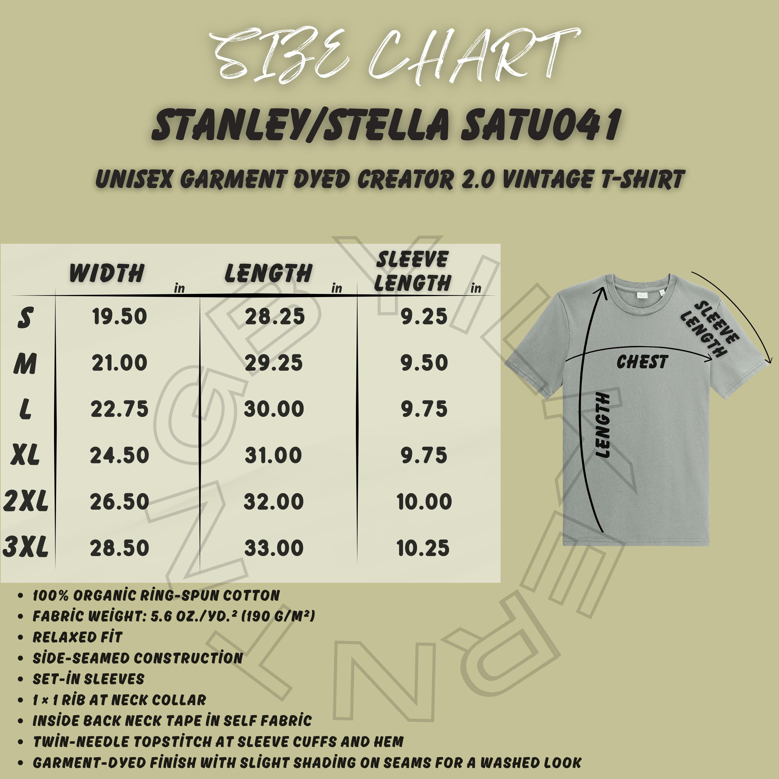 T-shirt Size Chart Stanley Stella SATU041 Size Chart Garment Dyed