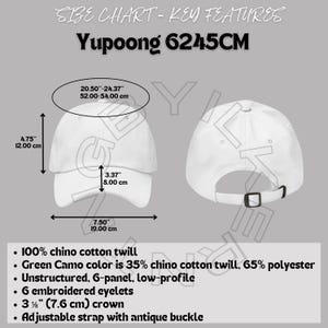 Tabla de tallas de gorras clásicas para papá / Tabla de tallas de gorras Yupoong 6245 CM / Maqueta y tabla de tallas de gorras clásicas para papá Yupoong 6245 CM / Tallas de gorras / Tabla de Printful