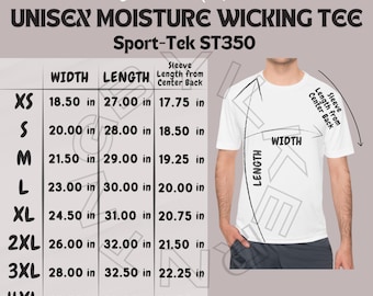 Unisex Moisture Wicking Tee Size Chart | Unisex Moisture Wicking Tee Size info | Sport-Tek ST350 Mockup and size chart | T-shirt size chart