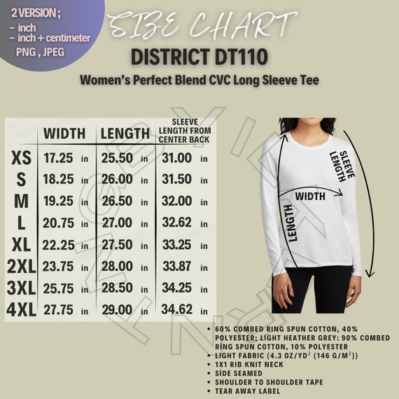 District DT110 Size Chart | Women's Perfect Blend CVC Long Sleeve