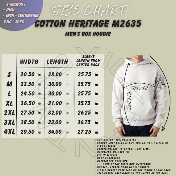 Hoodie Size Chart I Cotton Heritage M2635 Size Chart I Size Chart