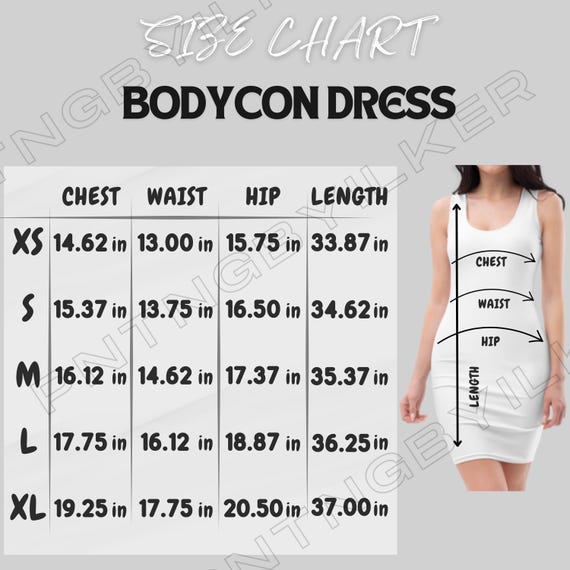 Dress Size Chart I All-Over Print Bodycon Dress Size Chart I Bodycon Dress Size Chart I Bodycon Dress Mockup and Size I Printful Product