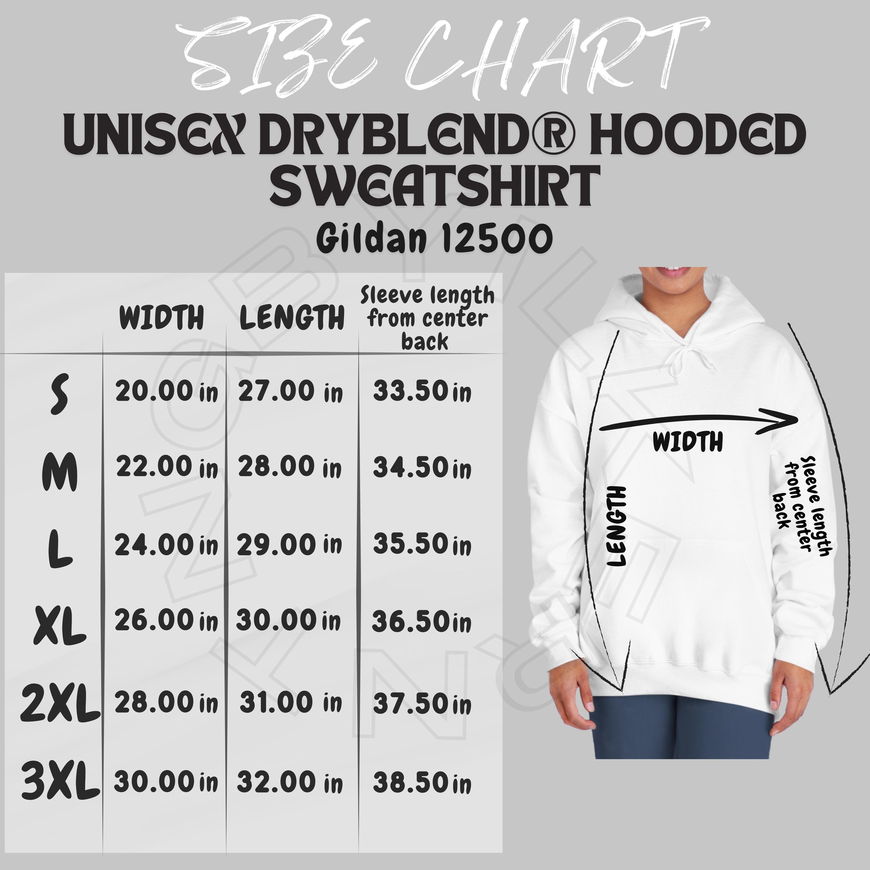 Sweatshirt Size Chart I Gildan 12500 Size Chart I Unisex Dryblend