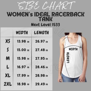 Może przedstawiać: Tabela rozmiarów dla tank topu z odkrytymi plecami z wymiarami w calach dla szerokości i długości. Rozmiary obejmują XS, S, M, L, XL i 2XL.