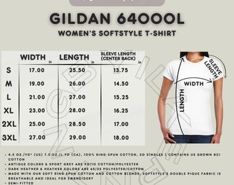 Gildan 64000L サイズ表 | レディース ソフトスタイル T シャツのサイズ表 | Gildan 64000L モックアップとサイズ表 | Gildan サイズ | T シャツ サイズ表