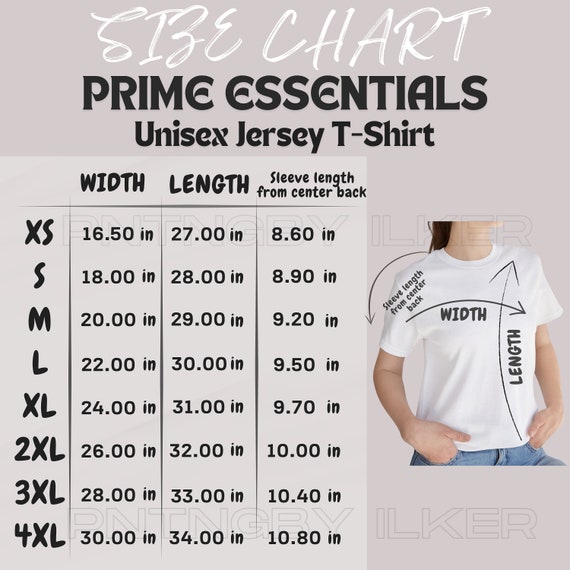 Prime Essantials Size Chart | Size Chart for Unisex Jersey T-shirt