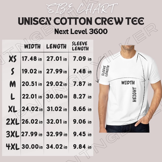 Next Level 3600 Size Chart | Size Chart for Unisex Cotton Crew Tee