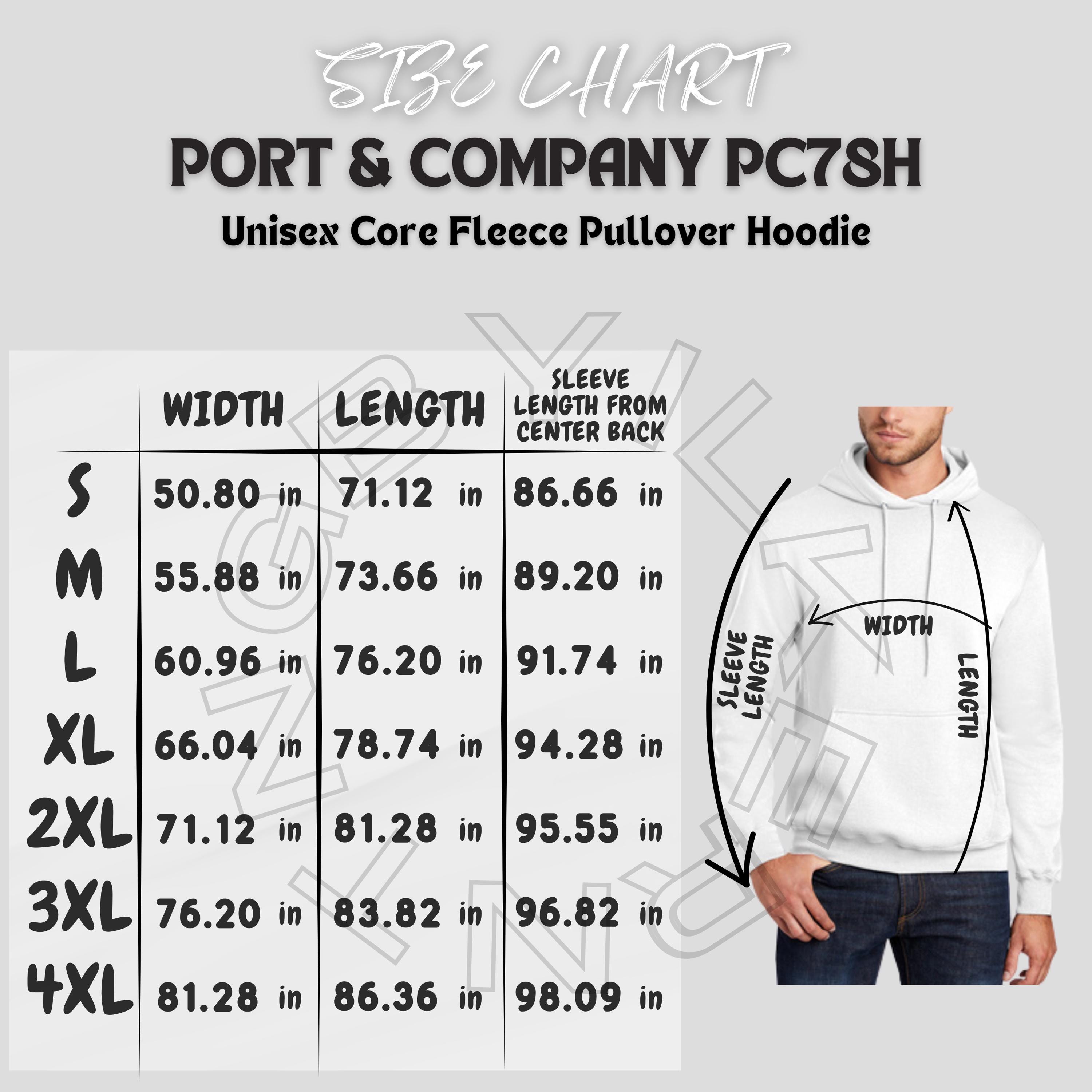 Hoodie Size Chart I Port & Company PC78H Size Chart | Core Fleece