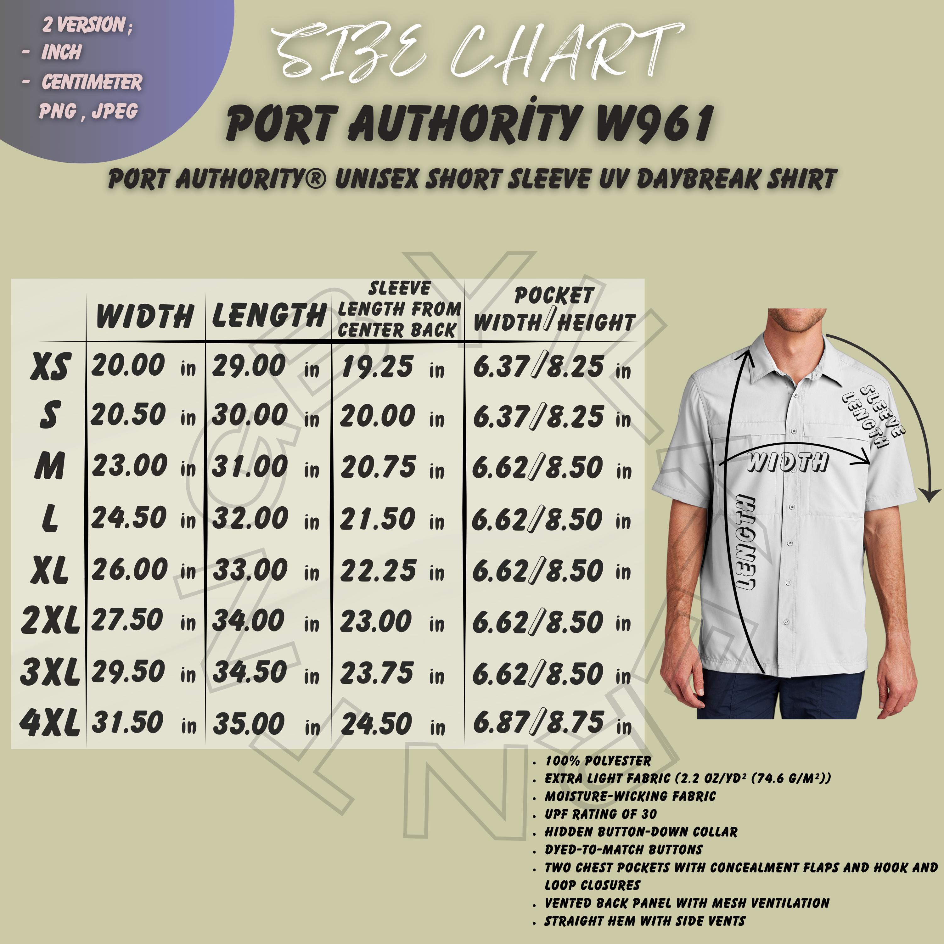Shirt Size Chart I Port Authority W961 Size Chart | Size Chart