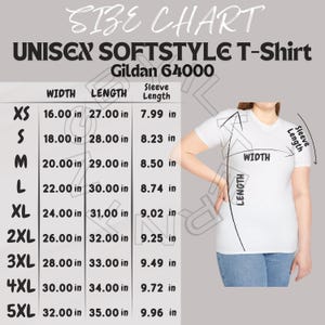 T-Shirt Size Chart I Gildan 64000 Size Chart | Size Chart | Unisex Softstyle T-Shirt size Chart I Gildan 64000 Mockup and T-shirt Guide