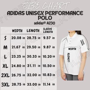 May include: Size chart for Adidas unisex performance polo shirts. The chart shows the width, length, and sleeve length in inches for sizes S, M, L, XL, 2XL, and 3XL.