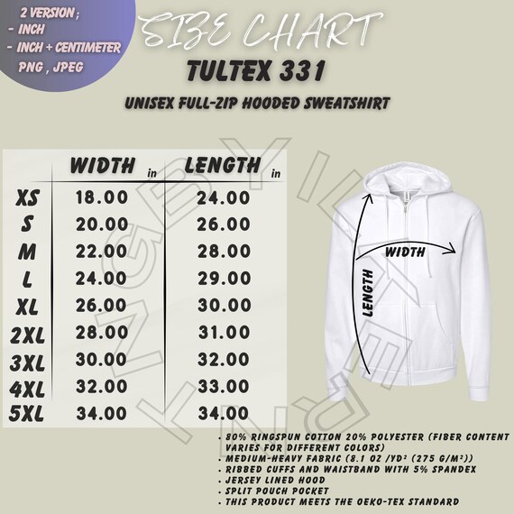 Tultex 331 Size Chart | Size Chart for Unisex Full-zip Hooded