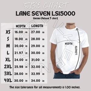 T-Shirt Size Chart I Lane Seven LS15000 Size Chart I Size Chart | Unisex Deluxe T-shirt I Unisex Deluxe T-shirt mockup I Printify sizing