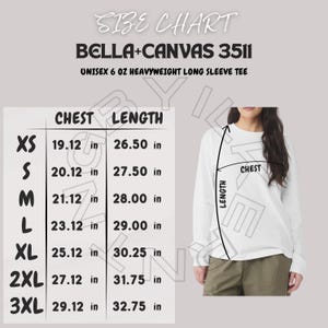 Bella Canvas 3511 Size Chart | Unisex 6oz Heavyweight Long-Sleeve T-Shirt size chart | Bella+Canvas 3511 tee sizing | imperial and metric