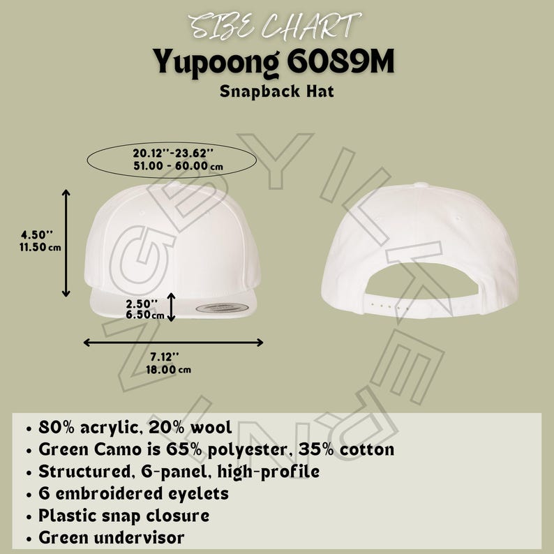 Classic Snapback Hat Size Chart Yupoong 6089M Size Chart Unisex