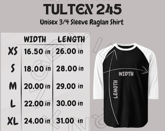 Shirt Size Chart | Unisex 3/4 Sleeve Raglan Shirt Size Chart