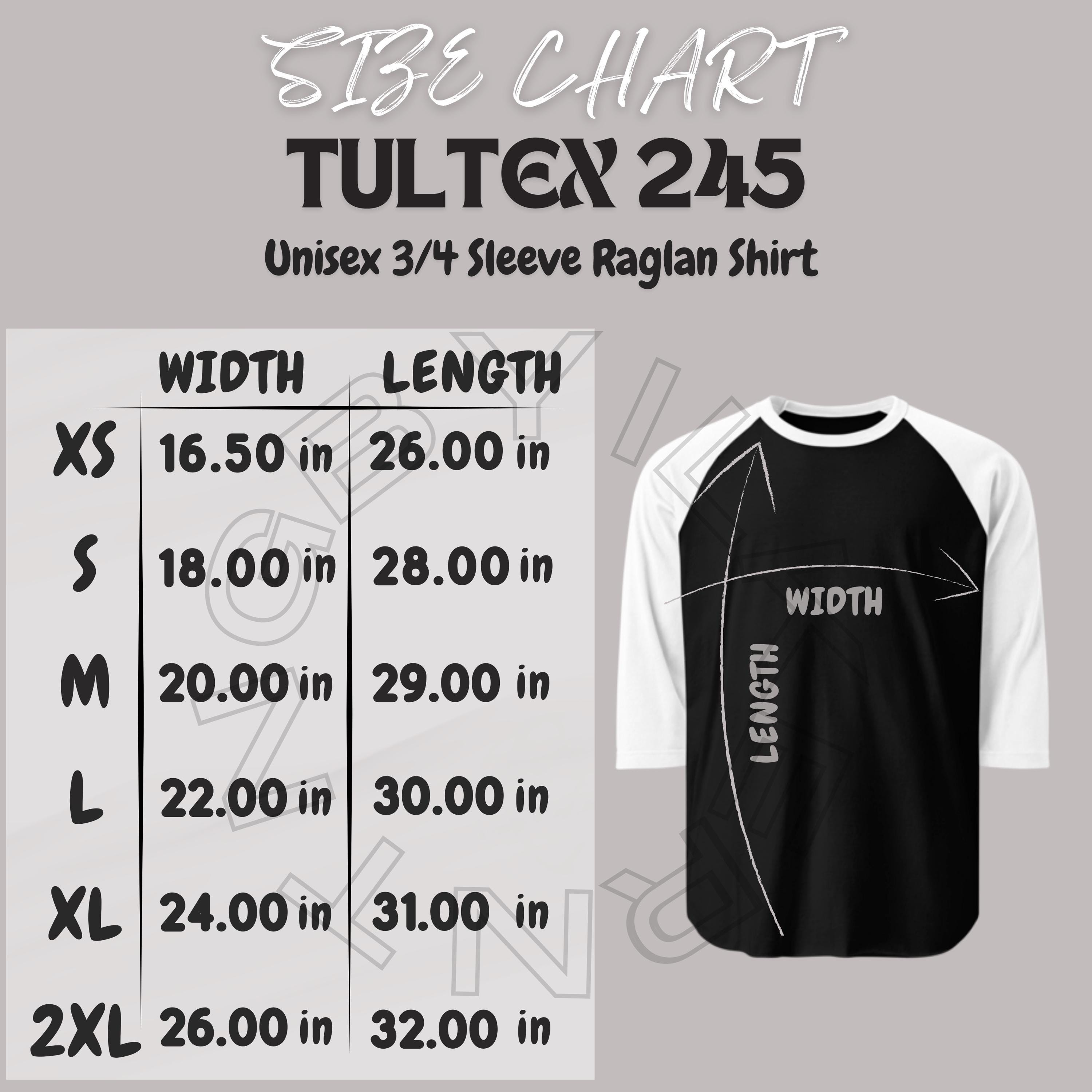 Shirt Size Chart | Unisex 3/4 Sleeve Raglan Shirt Size Chart