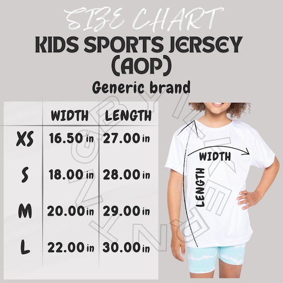 Tabela de tamanhos de camisa esportiva infantil (AOP) Tabela de