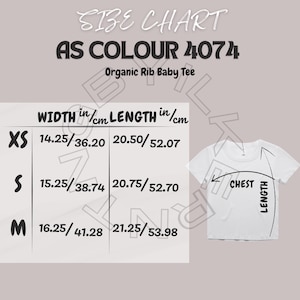 Baby Tee Size Chart | Size Chart for Organic Rib Baby Tee | AS Colour 4074 Mockup and size chart | AS Colour 4074 Baby Tee size chart