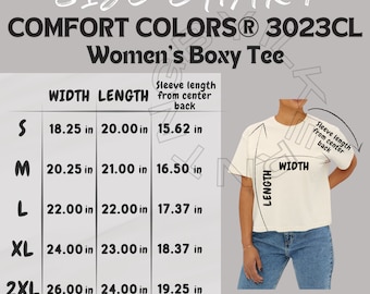 Women's Boxy Tee Size Chart | Size Chart for Women's Boxy Tee | Comfort Colors 3023CL Mockup and size chart | T-shirt size chart | Tee size