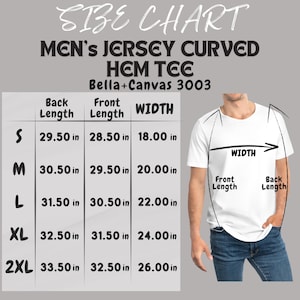 Bella Canvas 3003 Size Chart | Men&#39;s Jersey Curved Hem Tee Mockup and size chart | Bella Canvas 3003 guide | Tee size chart  | T-shirt size