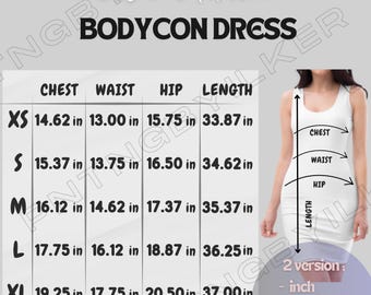 Dress Size Chart I All-Over Print Bodycon Dress Size Chart I Bodycon Dress Size Chart I Bodycon Dress Mockup and Size I Printful Product