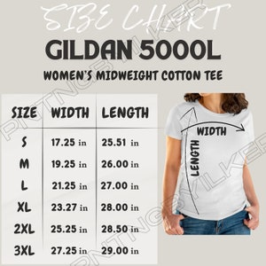T-Shirt Größentabelle I Gildan 5000L Größentabelle | Größentabelle | T-Shirt Größentabelle | Frauen mittelschwere Baumwolle Tee Chart I Gildan 5000L T-Shirt-Führer