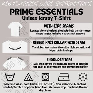 May include: A white unisex jersey t-shirt with side seams, a ribbed knit collar with seam, and shoulder tape. The care instructions include machine wash cold, tumble dry low, and iron low heat.
