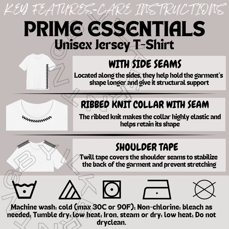 May include: A white unisex jersey t-shirt with side seams, a ribbed knit collar with seam, and shoulder tape. The care instructions include machine wash cold, tumble dry low, and iron low heat.