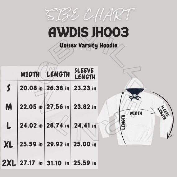 パーカーサイズ表｜AWDIS JH003 サイズ表｜ユニセックス バーシティ