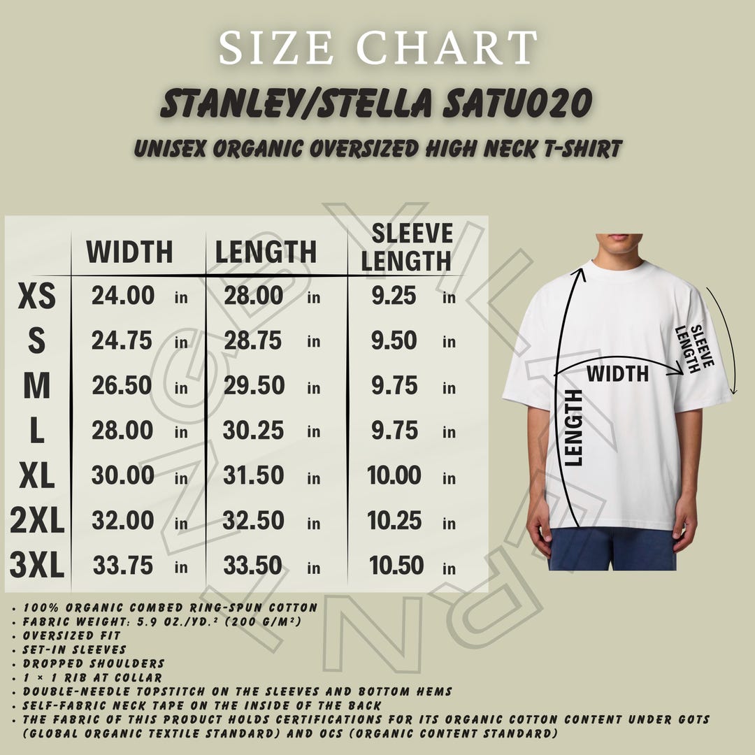 Stanley Stella SATU020 Size Chart | Size Chart Unisex Oversized T