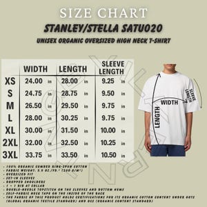 Puede incluir: Tabla de tallas para una camiseta unisex orgánica de cuello alto y talla grande. La tabla muestra medidas en cm de ancho, largo y largo de manga, de XS a 3XL. La camiseta blanca incluye detalles de la tela y certificaciones.