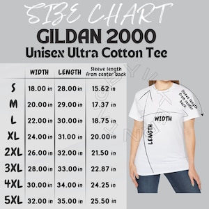 Gildan 2000 Size Chart | Size Chart for Unisex Ultra Cotton Tee | Gildan 2000 Mockup Size Chart | Tee Size Chart  | T-shirt size chart