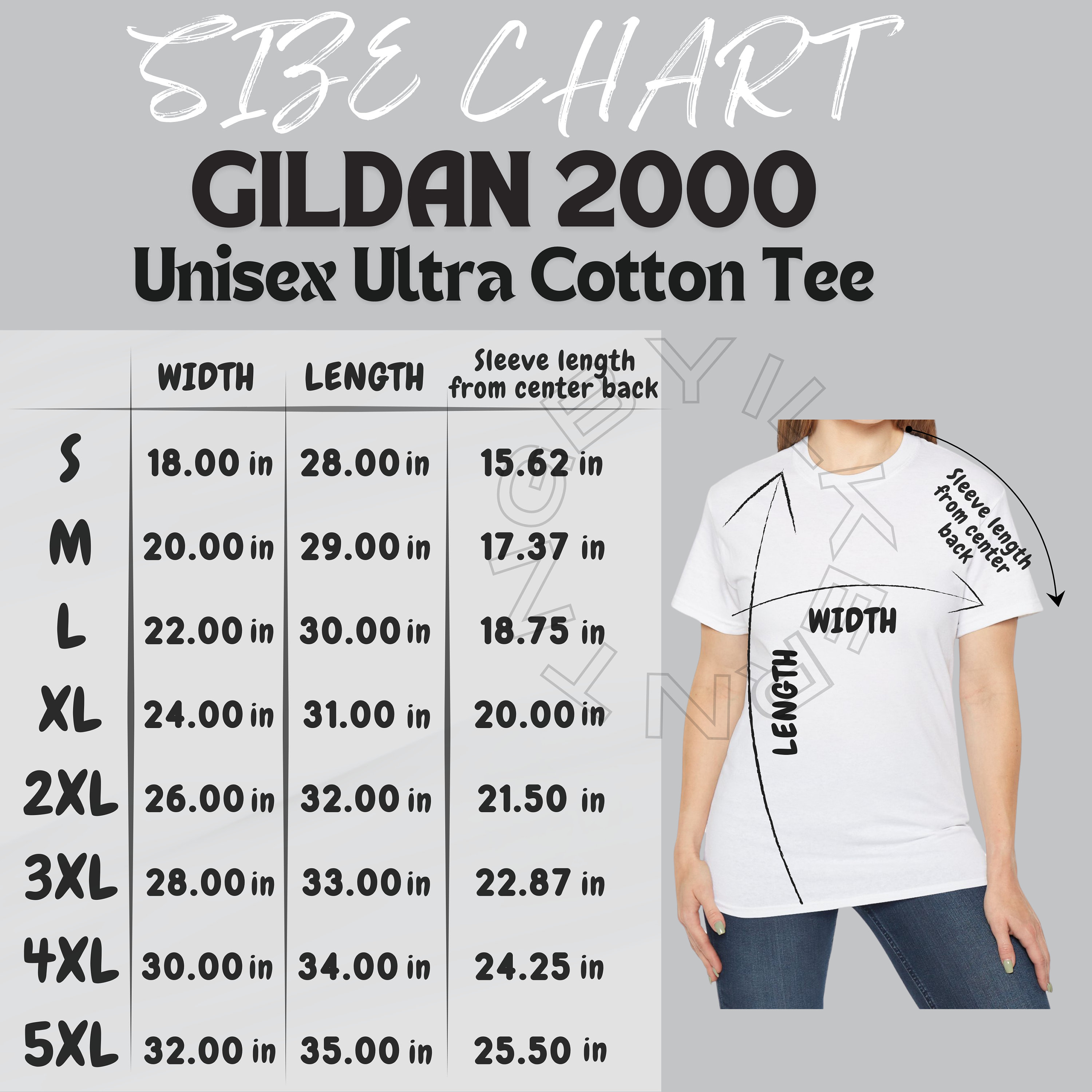 Gildan 2000 Size Chart | Size Chart for Unisex Ultra Cotton Tee | Gildan 2000 Mockup Size Chart | Tee Size Chart  | T-shirt size chart