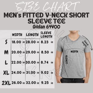 T-Shirt Size Chart I Gildan 64V00 Size Chart | Mockup and Size Chart for Men&#39;s Fitted V-Neck Short Sleeve Tee I Gildan 64V00 T-shirt Guide