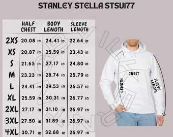 Tabla de tallas de sudadera con capucha Stanley Stella STSU177 / Tabla de tallas de sudadera con capucha unisex Cruiser 2.0 / Maqueta de sudadera con capucha unisex Cruiser 2.0 / printify