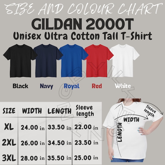 T-shirt Size Chart I Gildan 2000T Size Chart | Colour Chart