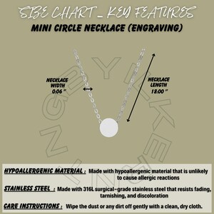 May include: A silver mini circle necklace with a 0.06-inch width and an 18-inch length. The necklace is made of hypoallergenic stainless steel and resists fading. The image includes care instructions and key features.
