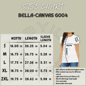 Bella Canvas 6004 Size Chart | Size Chart for Women&#39;s Favorite Tee | Bella Canvas 6004 Mockup Size Chart | Tee Size | T-shirt Sizing