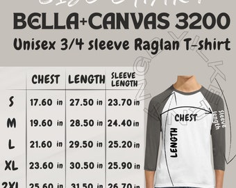 Bella Canvas 3200 サイズ表 | ユニセックス 3/4 スリーブ ラグラン T