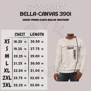 以下が含まれることがあります： Bella + Canvas 3901 ユニセックス スポンジフリース ラグラン スウェットシャツのサイズチャート。チャートは、XS、S、M、L、XL、2XL、3XLのサイズに対応する胸囲と着丈をインチで示しています。