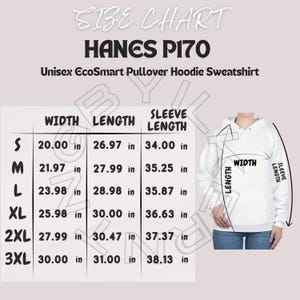 Può includere: Tabella delle taglie per una felpa con cappuccio Hanes P170 unisex EcoSmart. La tabella mostra la larghezza, la lunghezza e la lunghezza della manica in pollici per le taglie S, M, L, XL, 2XL e 3XL.
