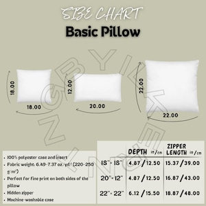 May include: Size chart for basic pillows, showing three different sizes: 18x18 inches, 20x12 inches, and 22x22 inches. Includes depth and zipper length measurements in inches and centimeters. The pillows are white and made of 100% polyester.