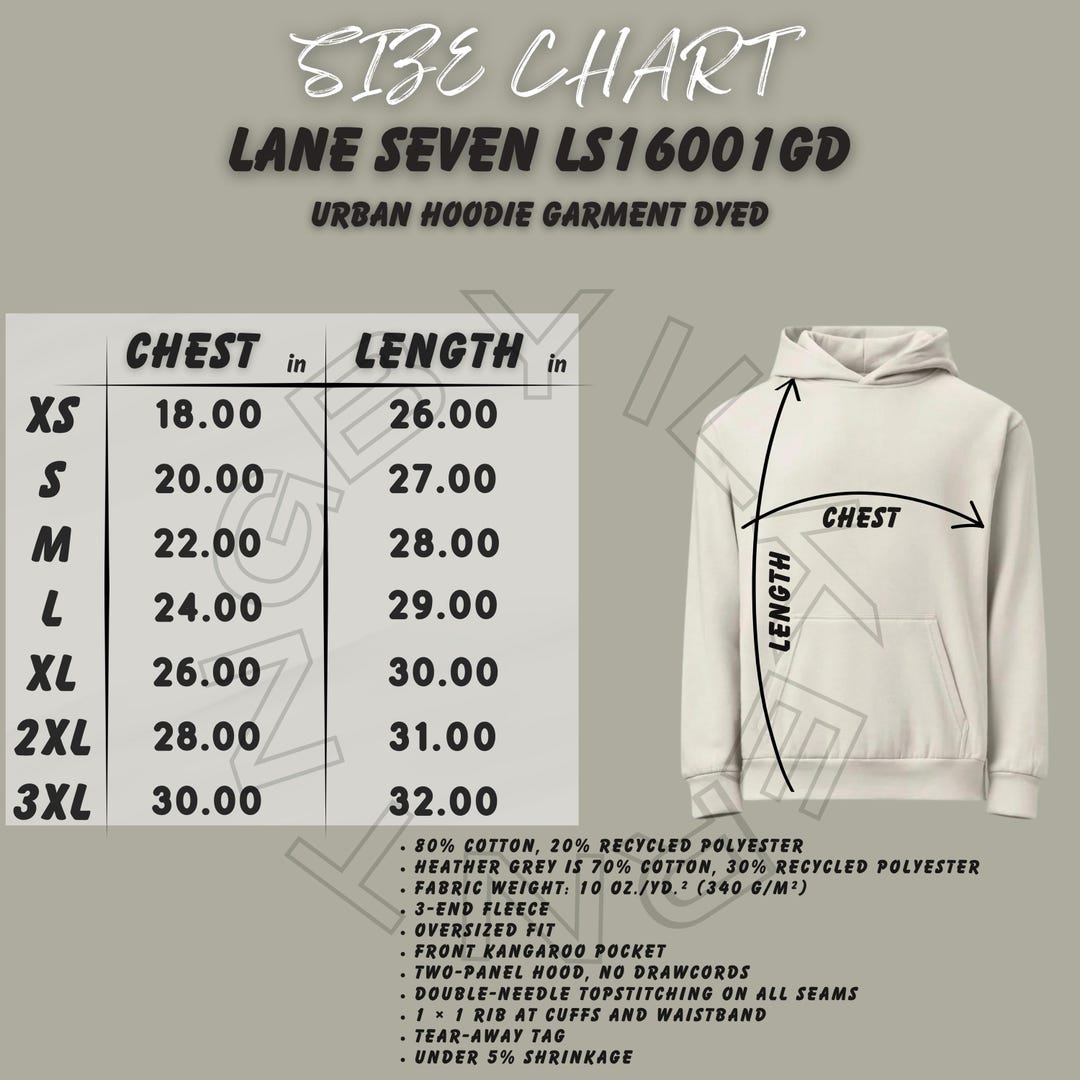 Hoodie Size Chart I Lane Seven LS16001GD Size Chart I Urban Hoodie