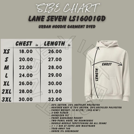 Hoodie Size Chart I Lane Seven LS16001GD Size Chart I Urban Hoodie
