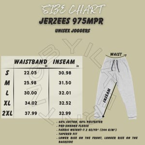 May include: A size chart for Jerzees 975MPR unisex joggers. The chart shows waist and inseam measurements in inches for sizes S, M, L, XL, and 2XL. The joggers are made of 60% cotton and 40% polyester with a tapered fit.