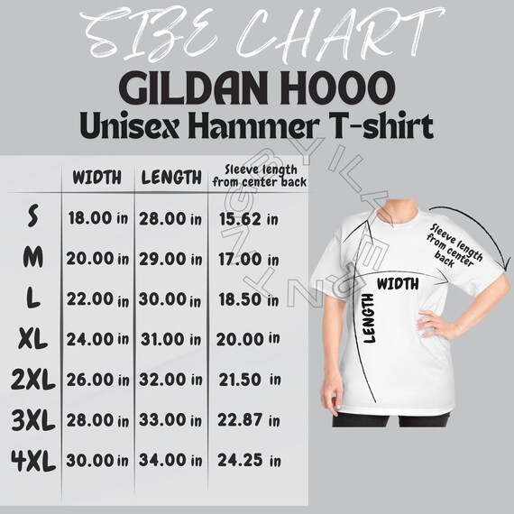 Gildan H000 Size Chart I Unisex Hammer T-shirt Mockup and Size