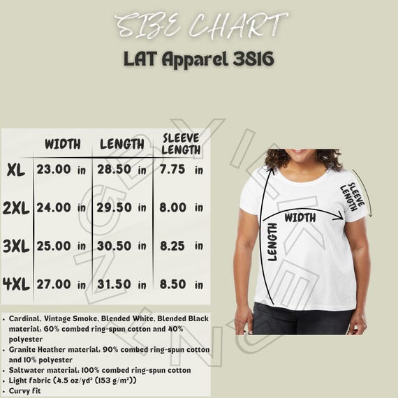 Tee Size Chart I LAT Apparel 3816 Size Chart I Women's Curvy Fine