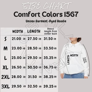 Hoodie size Chart I Comfort Colors 1567 Size Chart I Unisex Garment-Dyed Hoodie  Size Chart I Comfort Colors 1567 Mockup I Printify chart